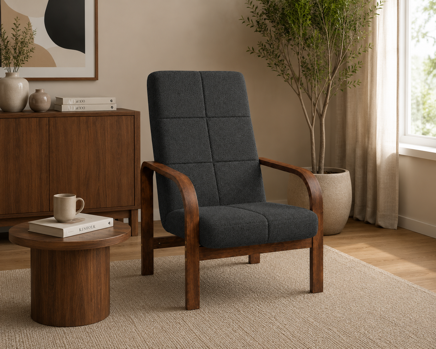 Fotel Nordic Comfort wypoczynkowy salon drewno orzech materia czarny M3