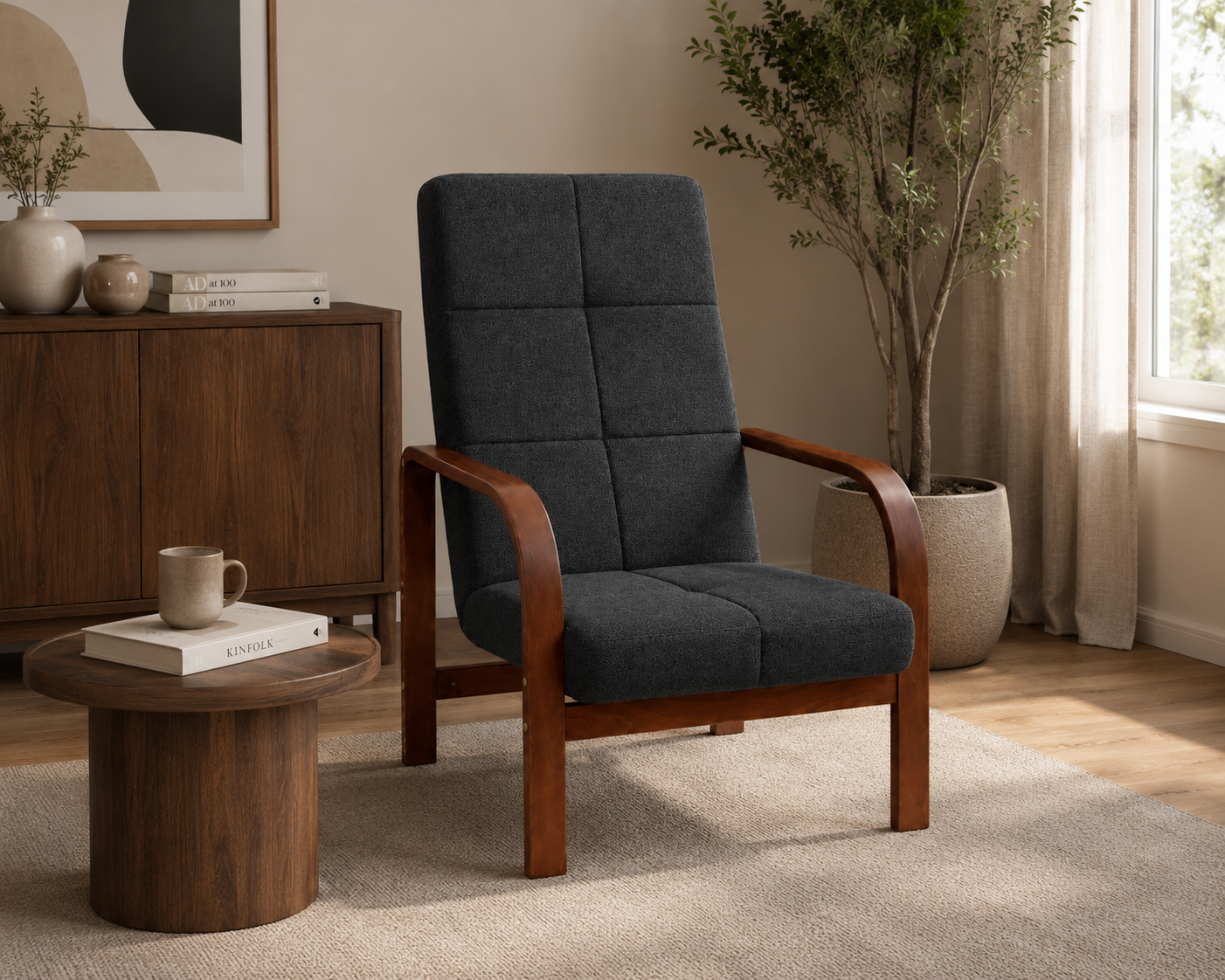 Fotel Nordic Comfort wypoczynkowy salon drewno orzech materia czarny BC