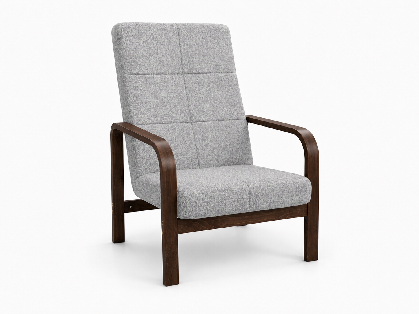 Fotel Nordic Comfort wypoczynkowy salon drewno orzech materia szary BS