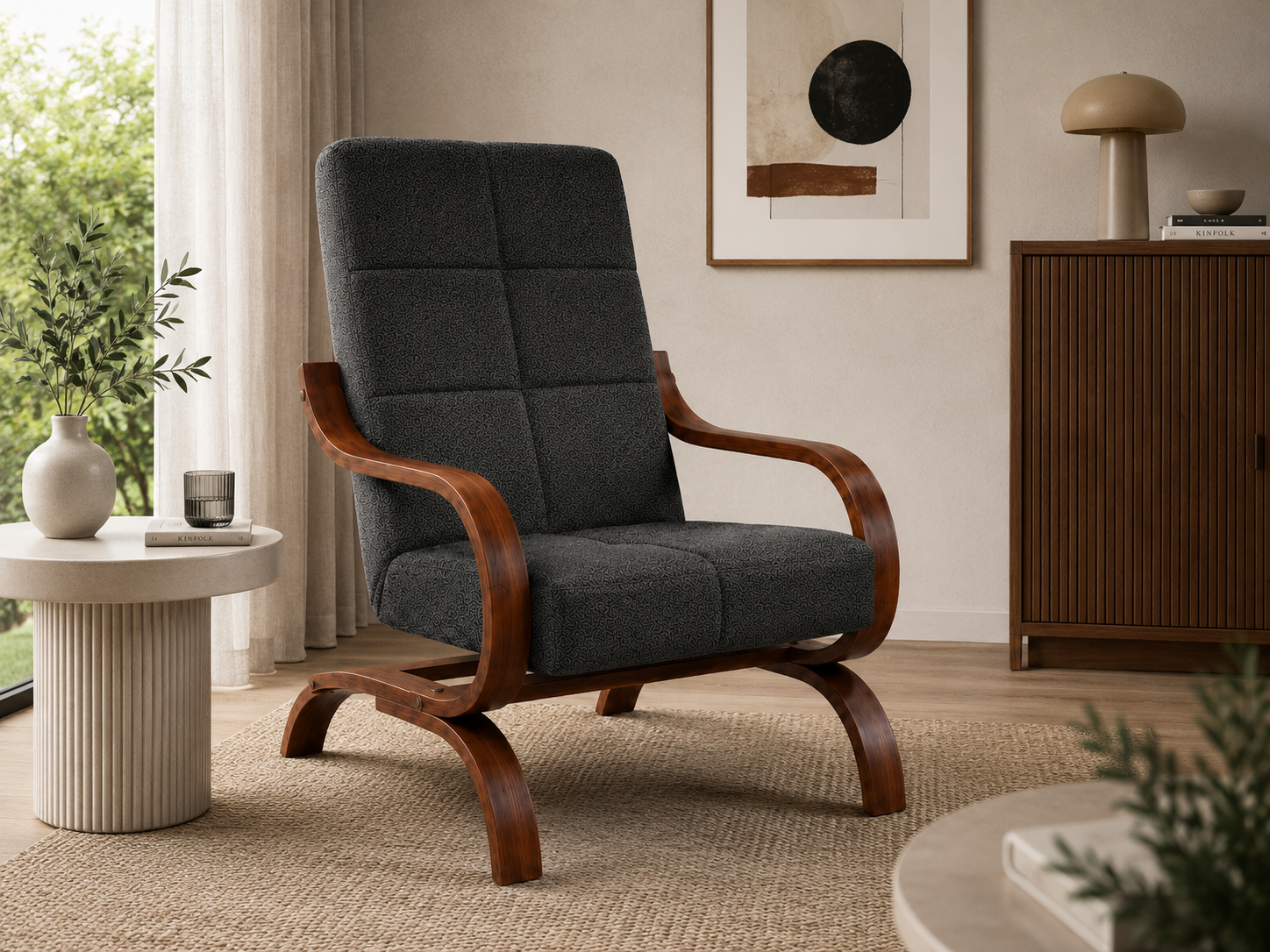 Fotel Relaxo wypoczynkowy salon drewno orzech materiał czarny M3