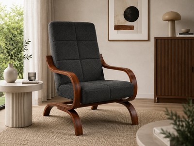 Fotel Relaxo wypoczynkowy salon drewno orzech materiał czarny M3