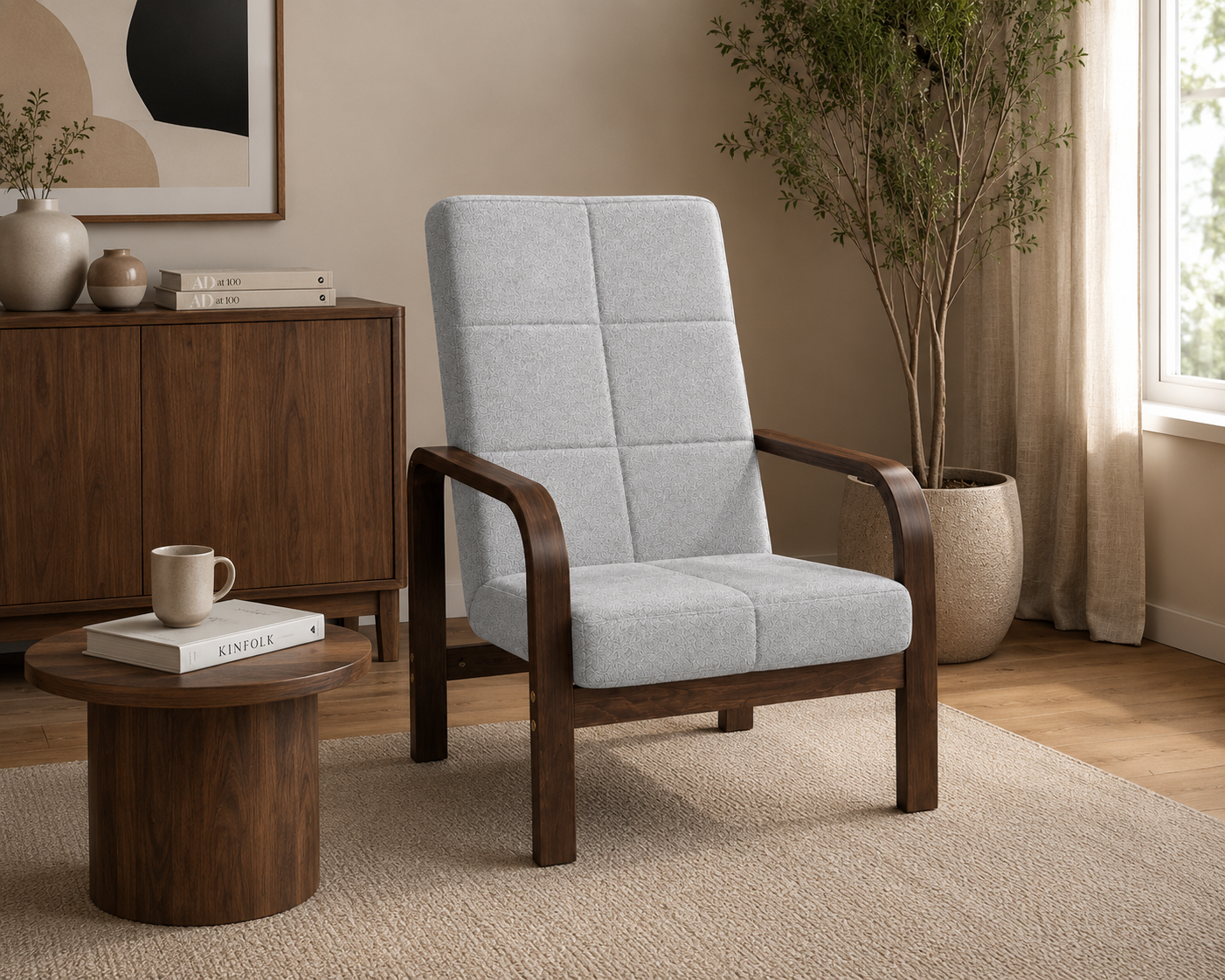 Fotel Nordic Comfort wypoczynkowy salon drewno orzech materia szary BS