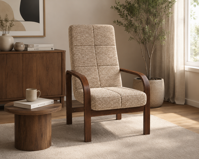 Fotel Nordic Comfort wypoczynkowy salon drewno orzech materi miodowy BM