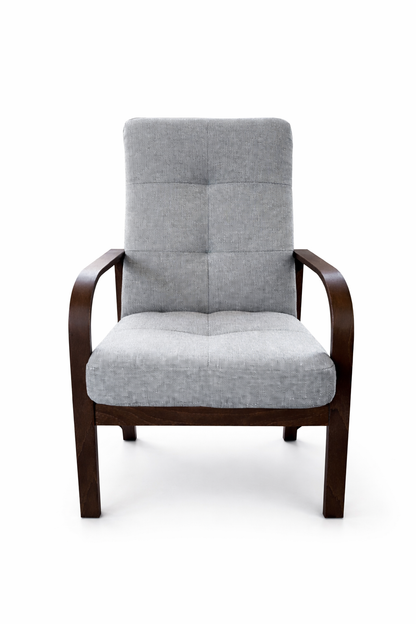Fotel Nordic Comfort wypoczynkowy salon drewno orzech materia szary BS