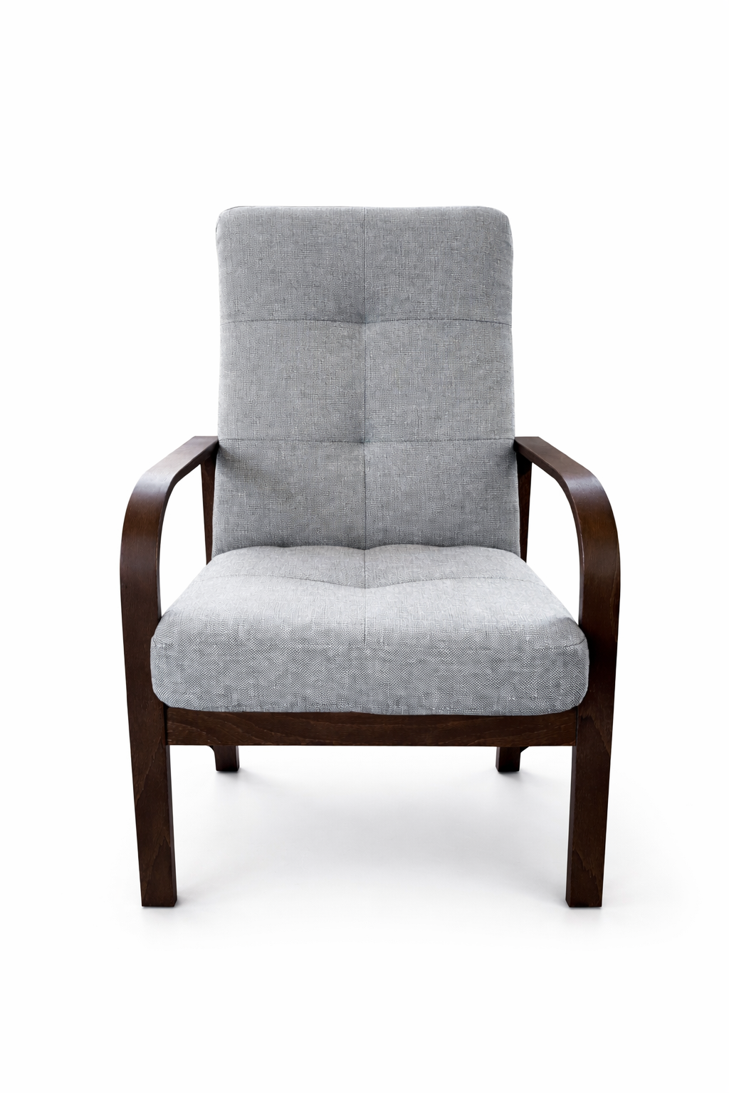 Fotel Nordic Comfort wypoczynkowy salon drewno orzech materia szary M24