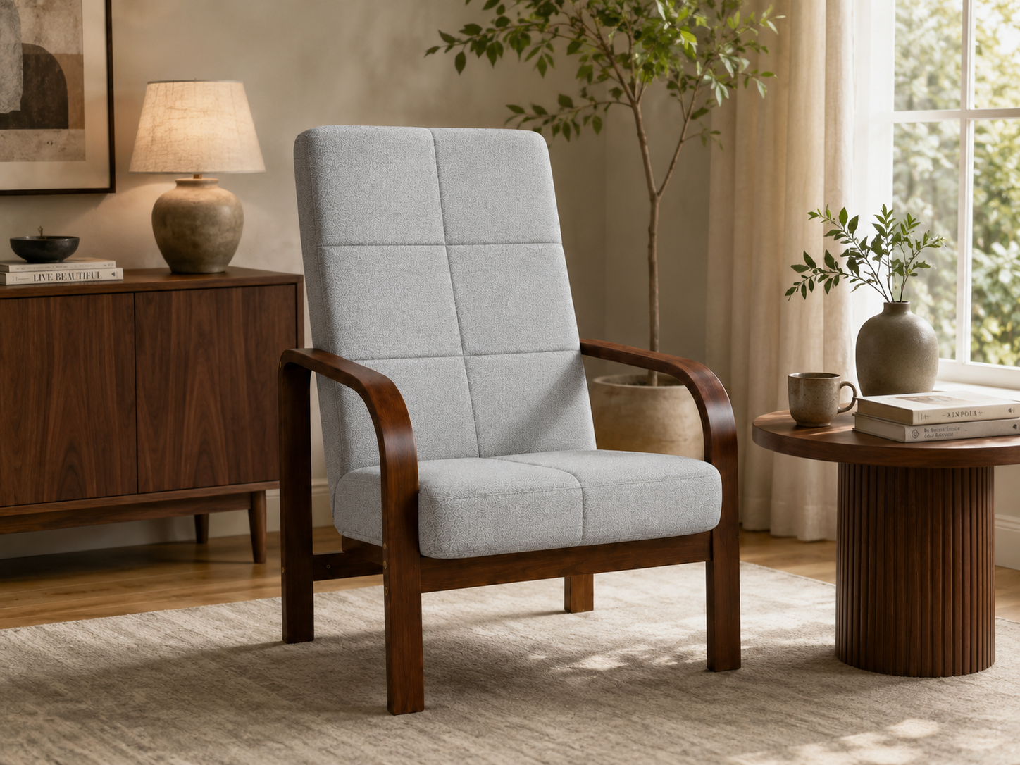 Fotel Nordic Comfort wypoczynkowy salon drewno orzech materia szary M24