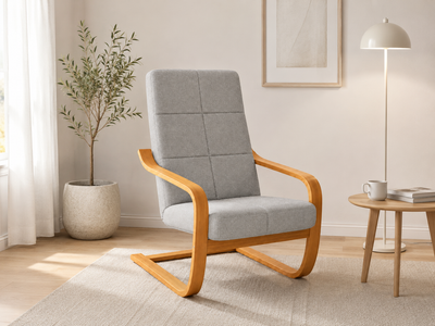 Fotel Finka bujany do salonu stelaż drewno olcha materiał szary M24