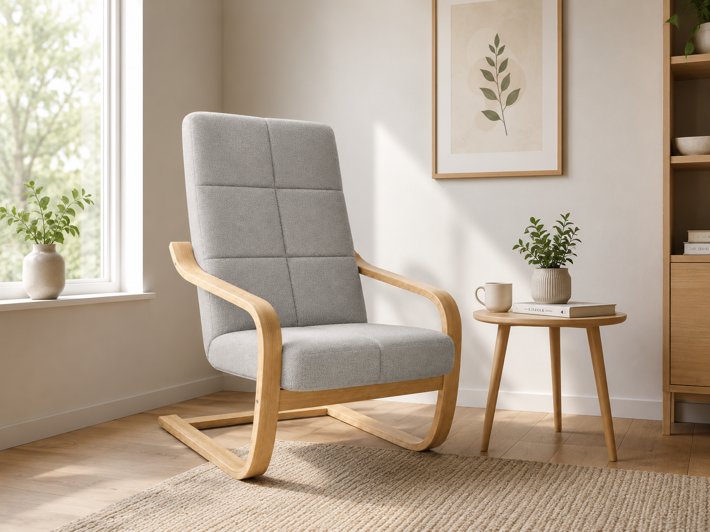 Fotel Finka bujany do salonu stelaż drewno sonoma materiał szary M24