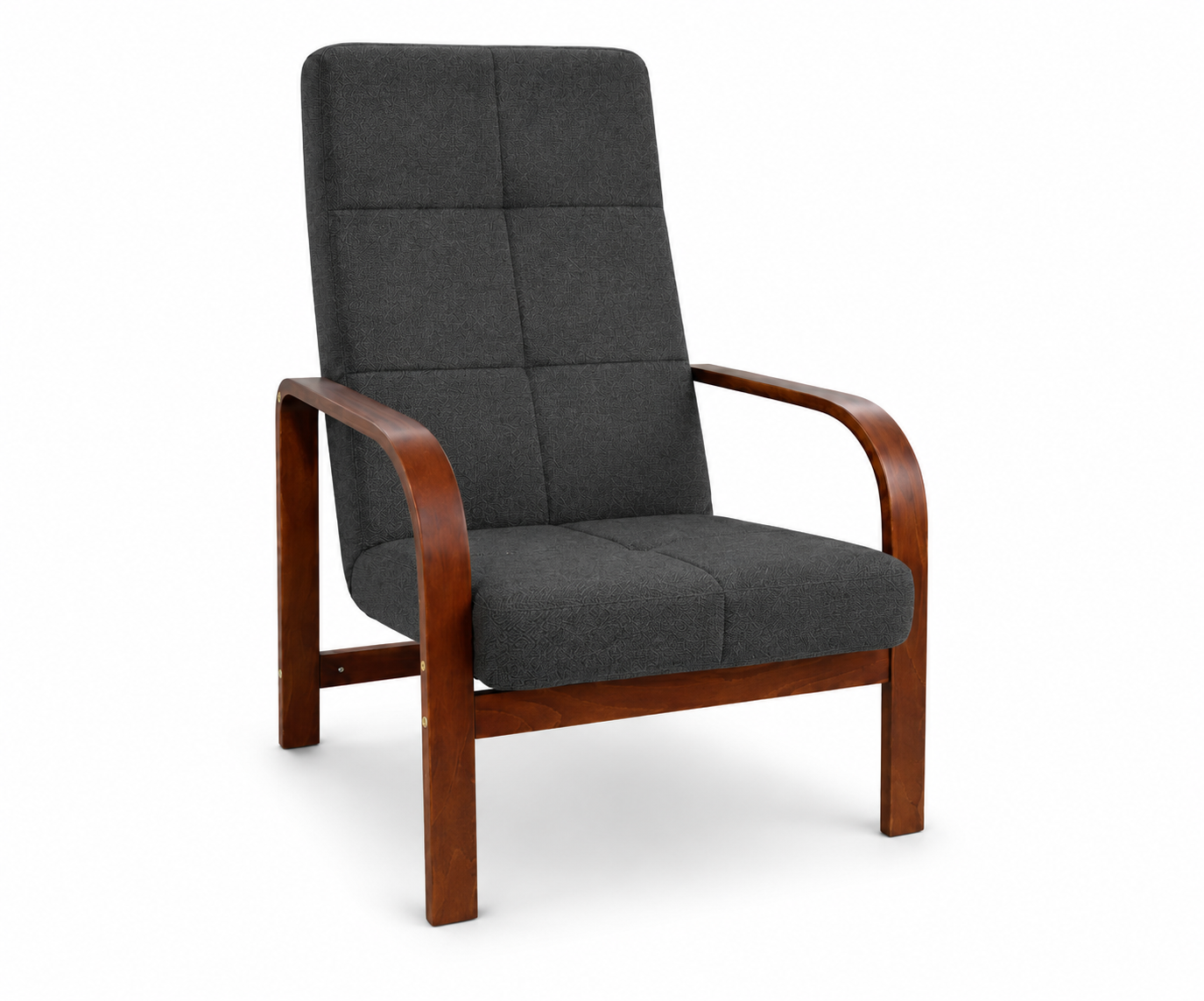 Fotel Nordic Comfort wypoczynkowy salon drewno orzech materia czarny BC