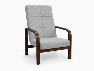 Fotel Nordic Comfort wypoczynkowy salon drewno orzech materia szary BS
