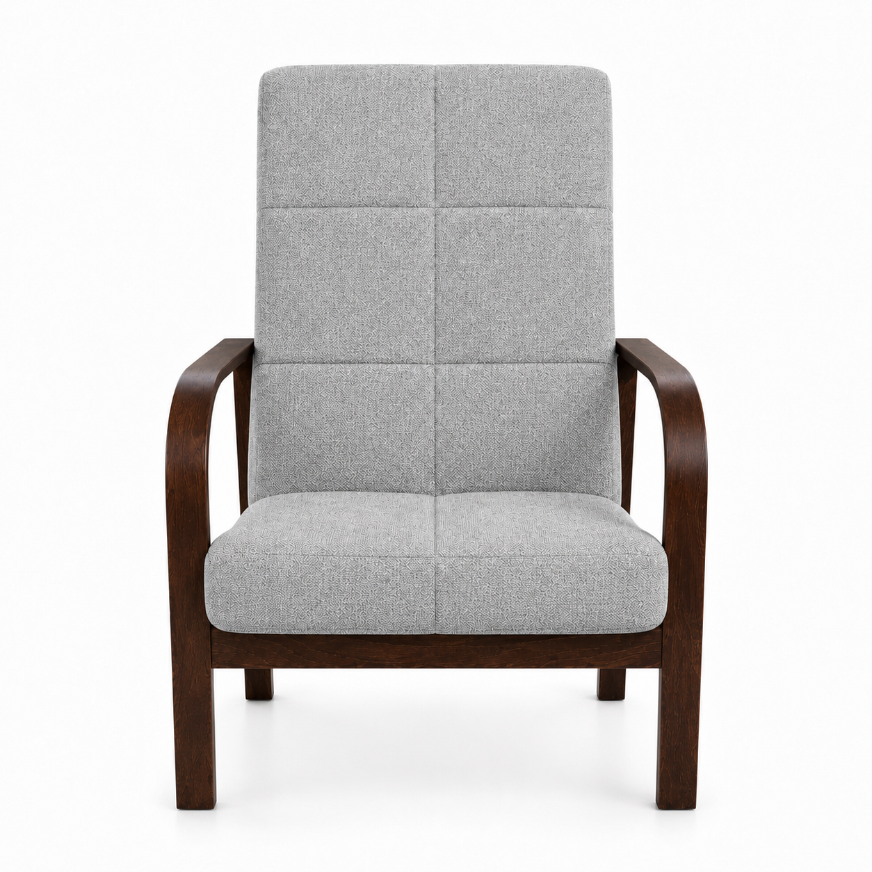 Fotel Nordic Comfort wypoczynkowy salon drewno orzech materia szary BS