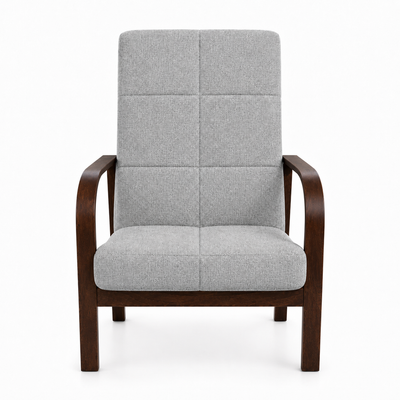Fotel Nordic Comfort wypoczynkowy salon drewno orzech materia szary BS
