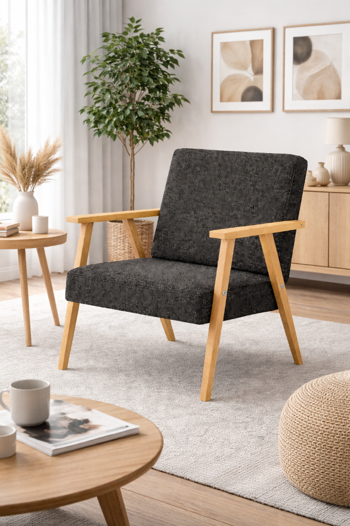 Fotel PRL wypoczynkowy salon balkon materiał czarny drewno naturalne BC