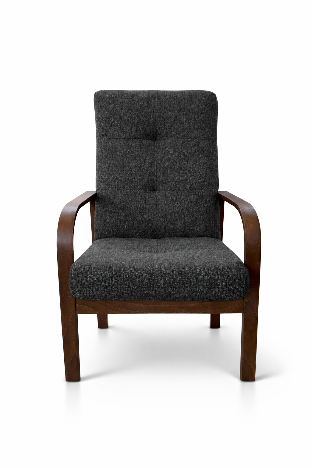 Fotel Nordic Comfort wypoczynkowy salon drewno orzech materia czarny BC