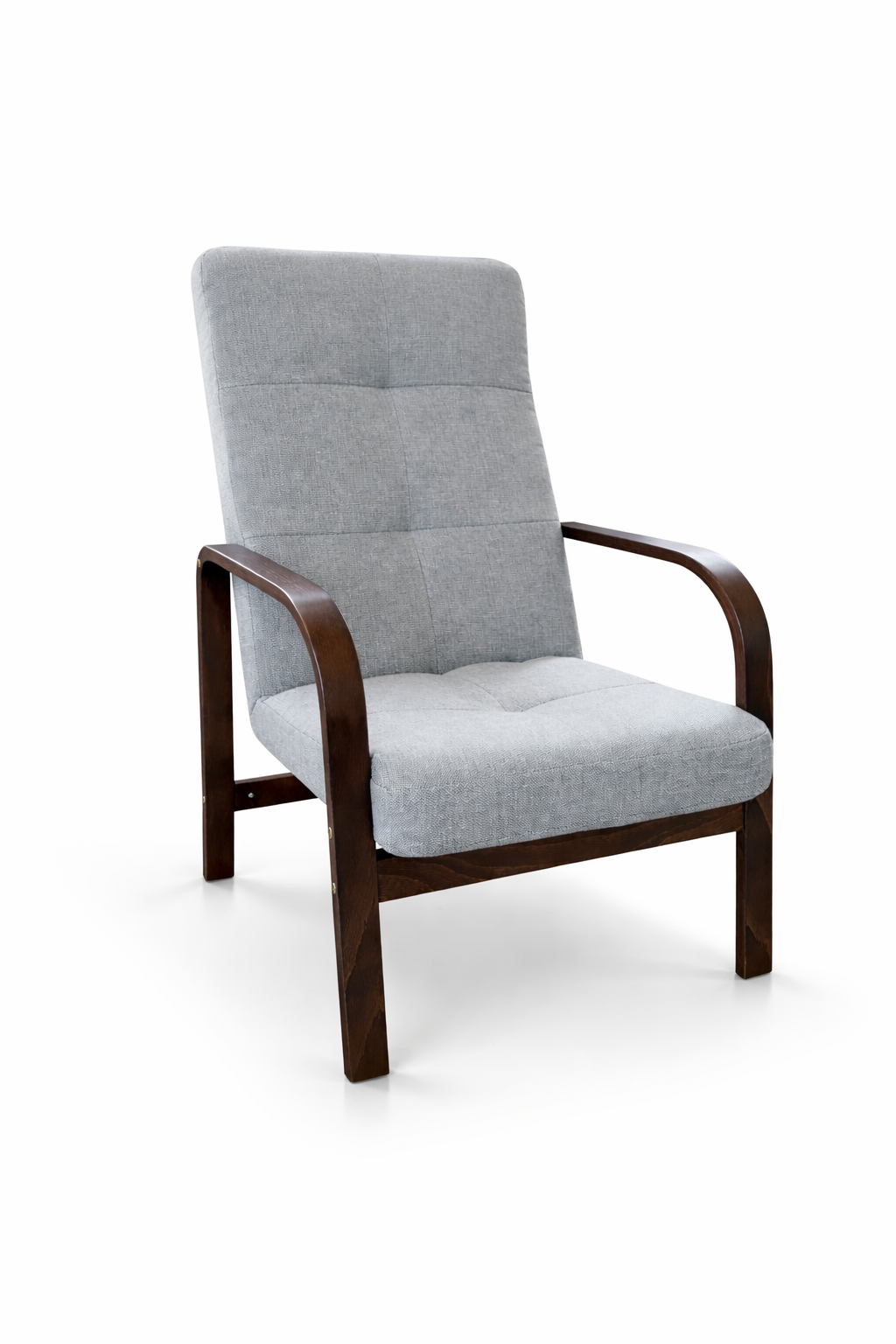 Fotel Nordic Comfort wypoczynkowy salon drewno orzech materia szary BS