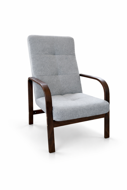 Fotel Nordic Comfort wypoczynkowy salon drewno orzech materia szary M24