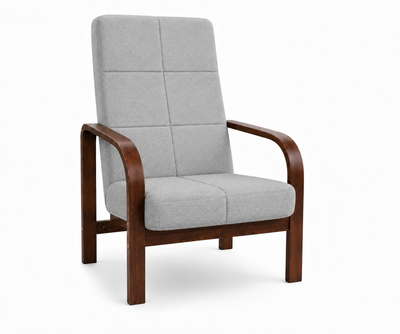 Fotel Nordic Comfort wypoczynkowy salon drewno orzech materia szary M24