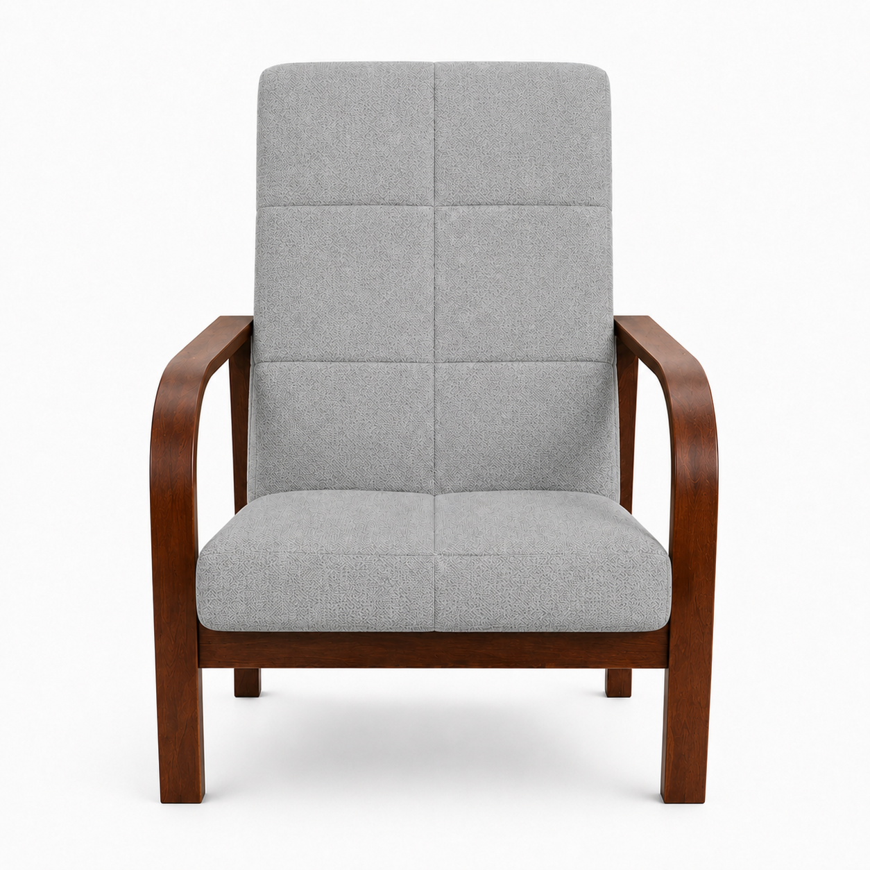 Fotel Nordic Comfort wypoczynkowy salon drewno orzech materia szary M24