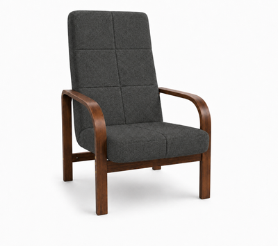 Fotel Nordic Comfort wypoczynkowy salon drewno orzech materia czarny M3
