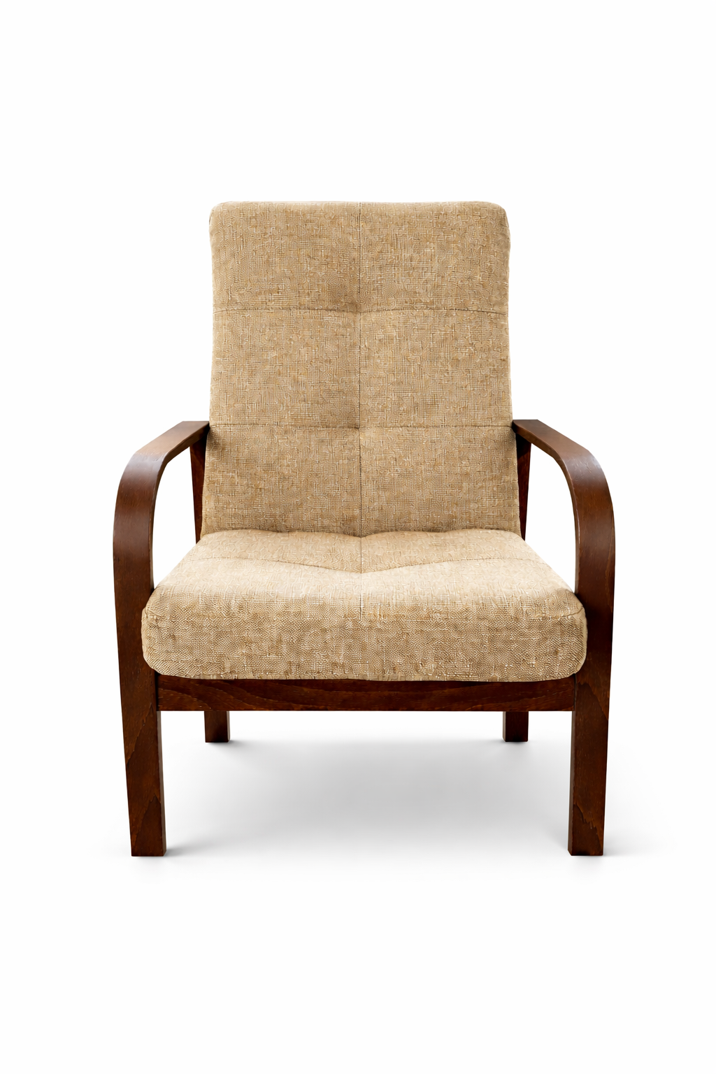 Fotel Nordic Comfort wypoczynkowy salon drewno orzech materiał miodowy
